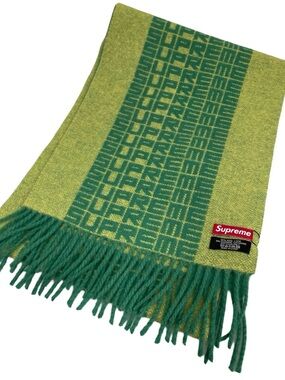 Supreme Red Repeat Logo Green and Yellow Jacquard Fringe Scarf